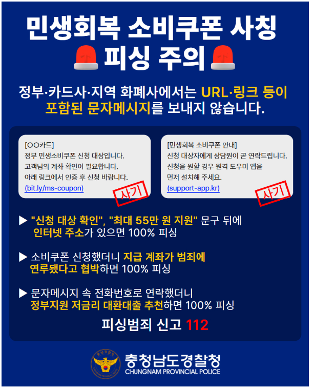 민생회복 소비쿠폰 사칭 피싱 주의 이미지